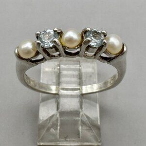 Blue Topaz & Pearls Ring Sterling Silver Fine Prong Setting Size 8.75